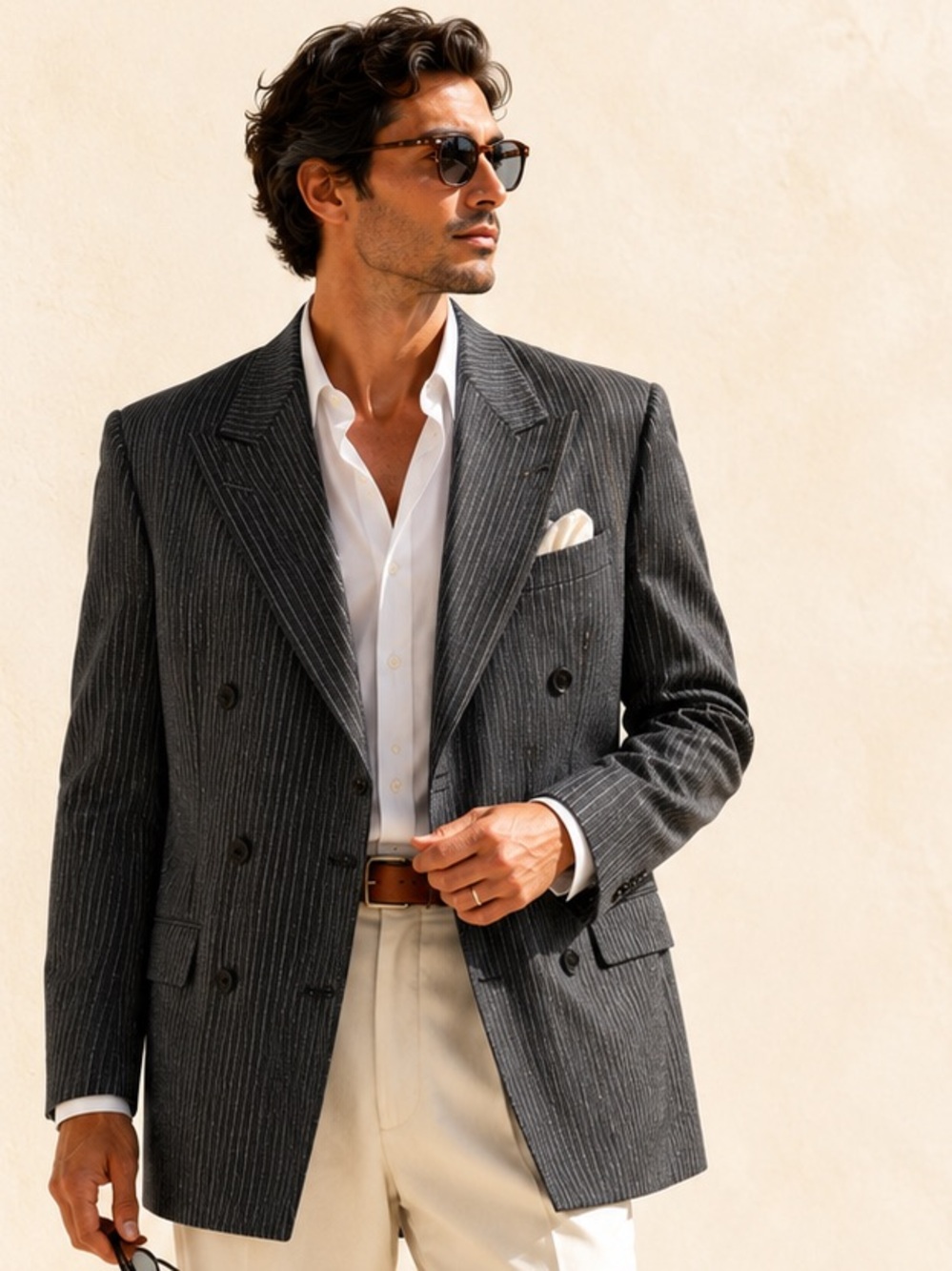 Canali Double Breasted Wool Cashmere Blazer dark grey Tan Pinstripe Sz 44R US